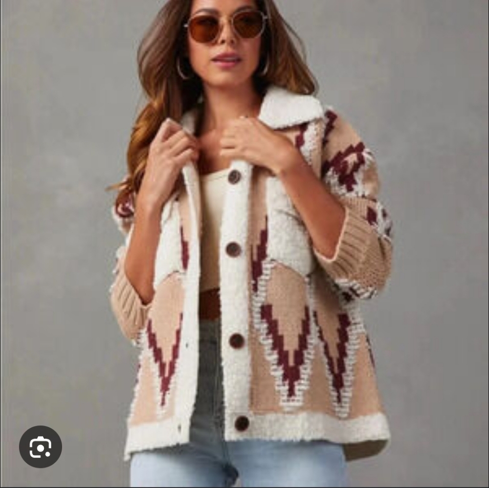 Vici Oversized Geometric Sherpa Sweater Jacket Size Small